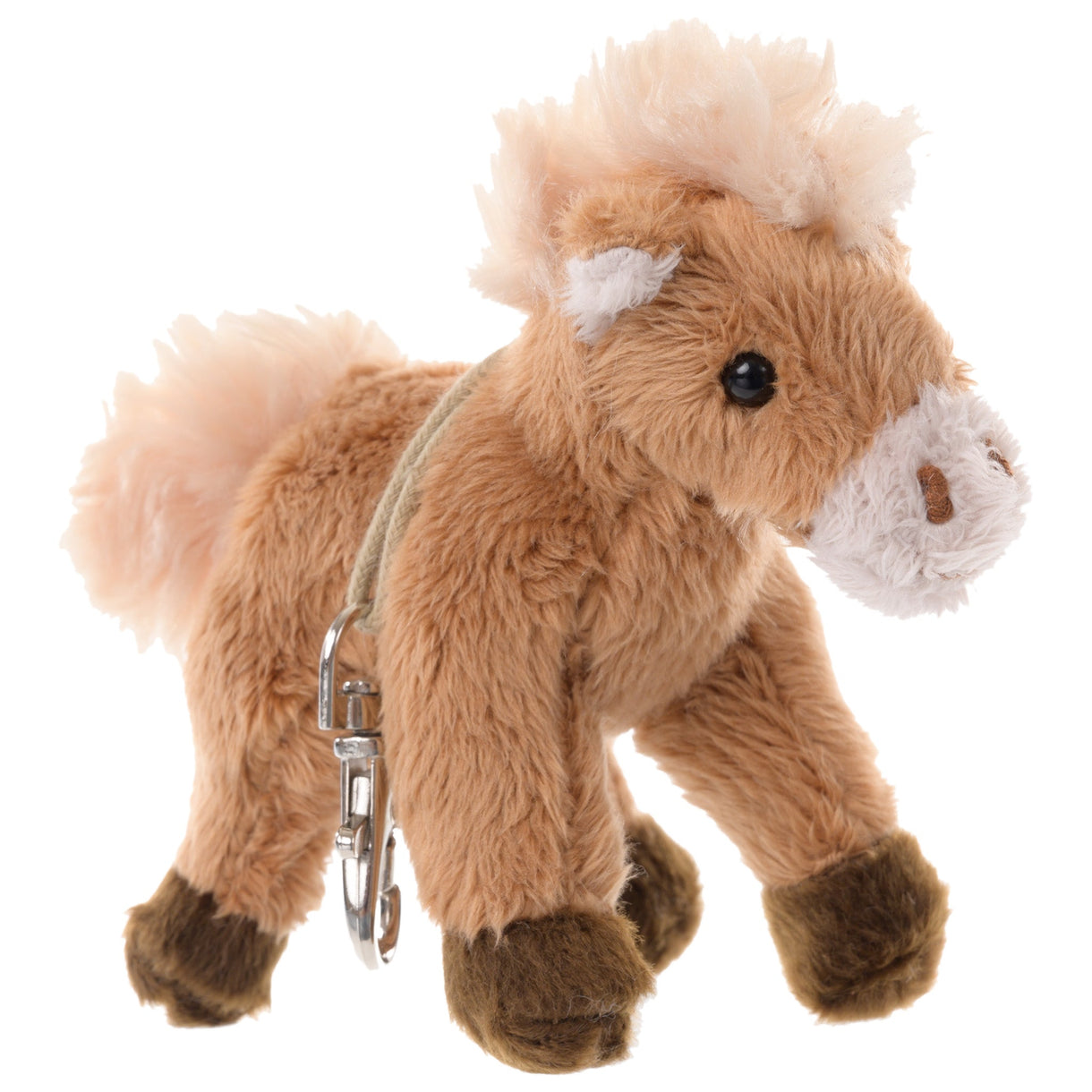 Plush pony bag charm in tan-brown with white muzzle and metal clip, black eye