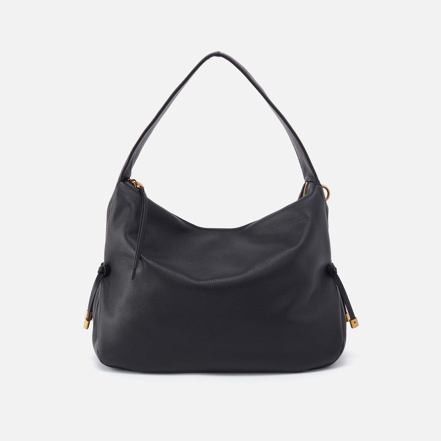Black hobo bag with top handles, slouchy shape, and gold-tone side accents