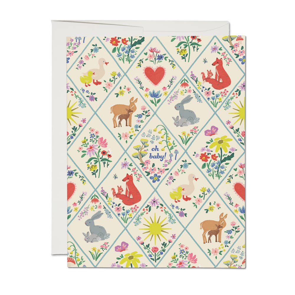 Baby greeting card with colorful woodland animals, heart motif, and text “oh baby!”
