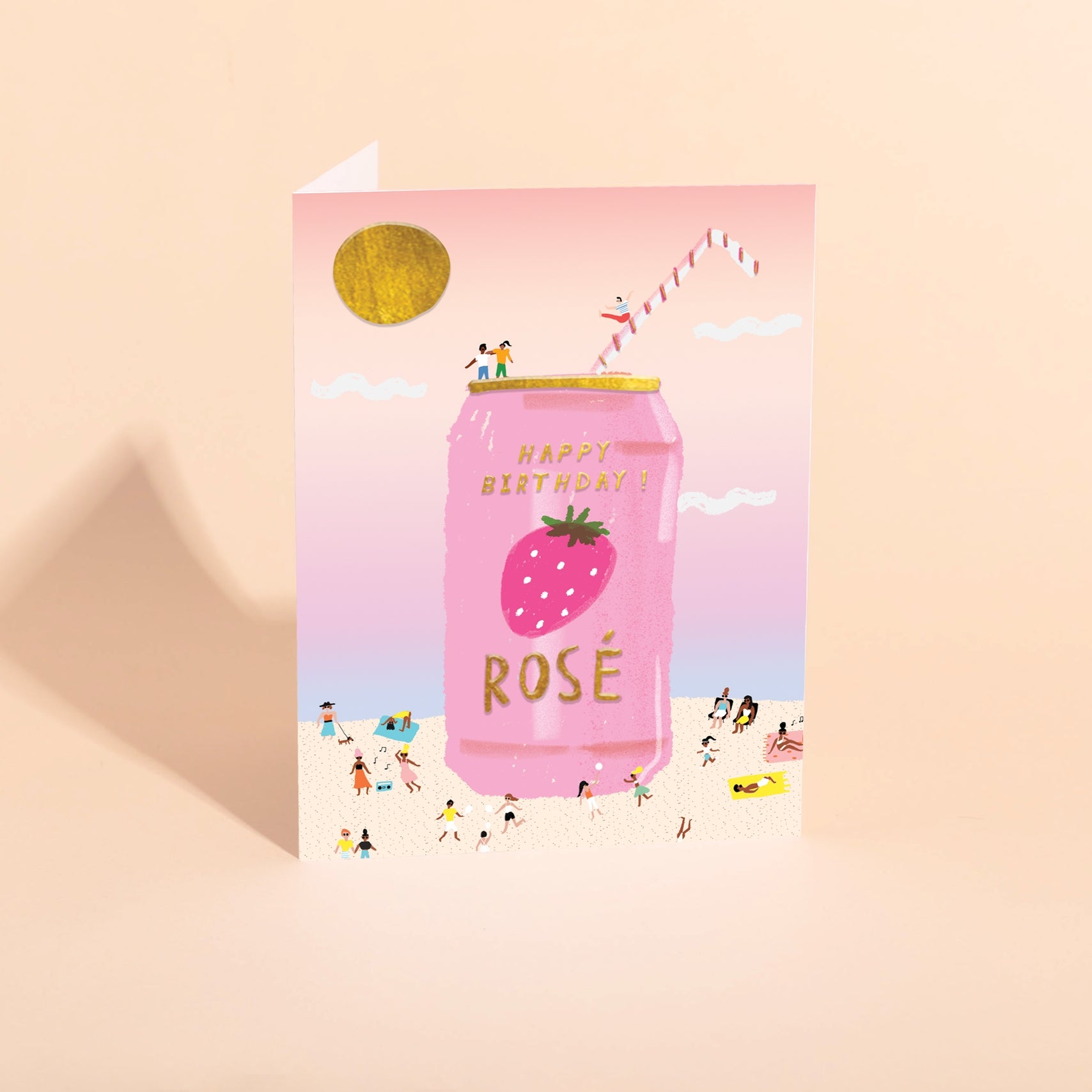Birthday card with pink drink, text 'HAPPY BIRTHDAY' and 'ROSE' plus beach scene