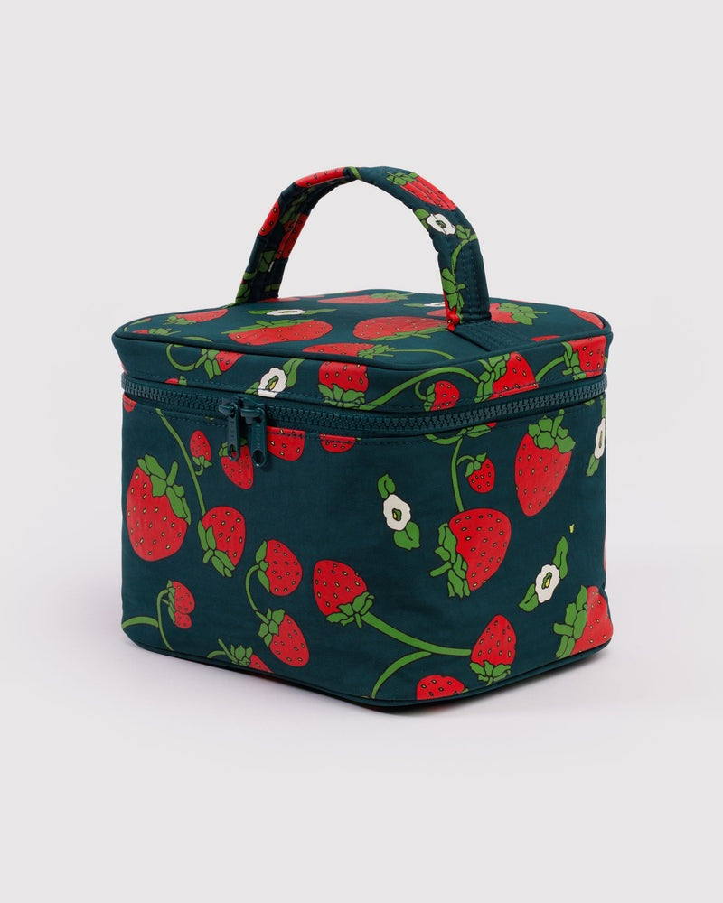 Large cosmetic case with green background and red strawberry print, zip top and handle.
