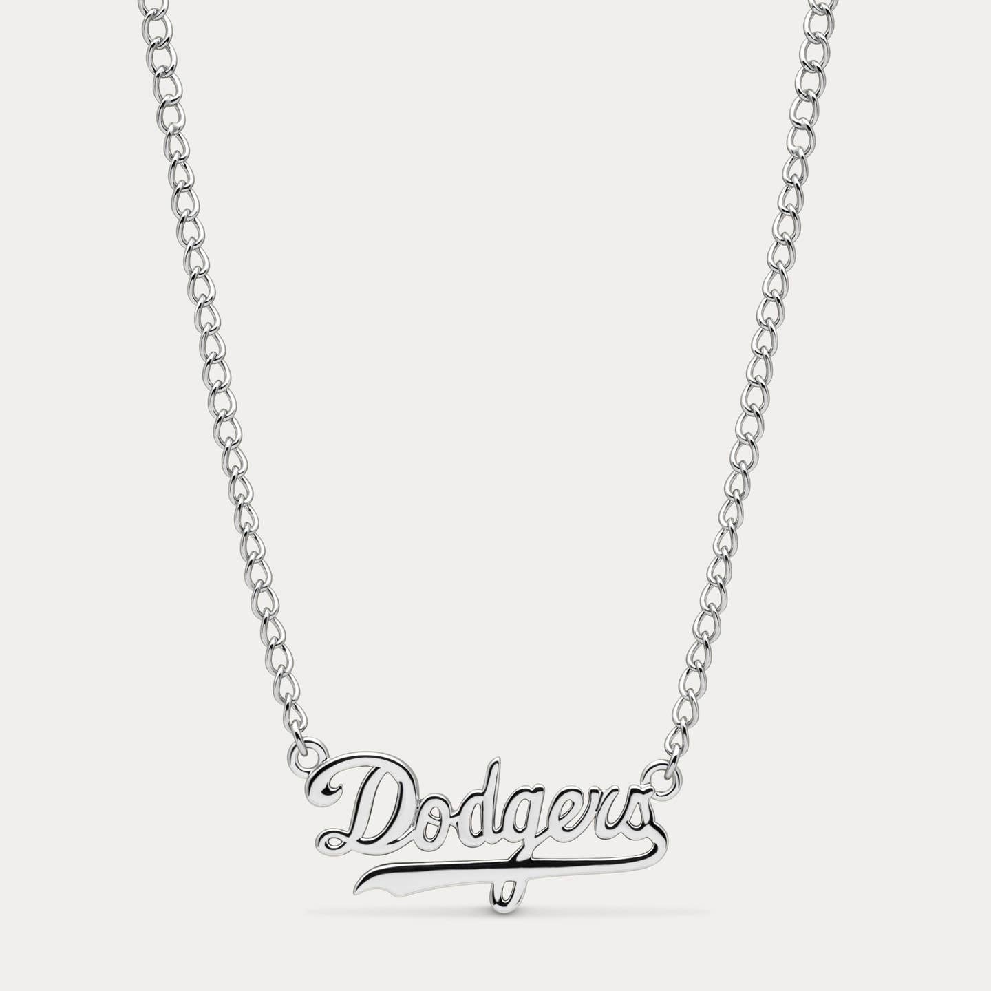 Silver chain nameplate necklace with Dodgers script pendant