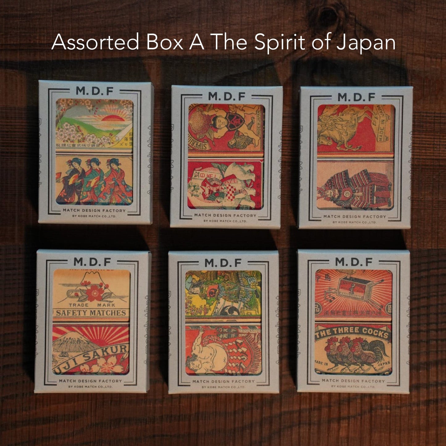 Assorted retro match boxes with illustrated Japan-themed covers, six-pack set