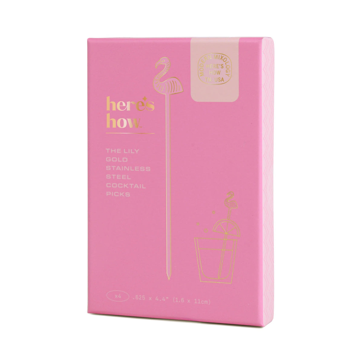 Pink cocktail pick gift box with flamingo graphic and sealed packaging
