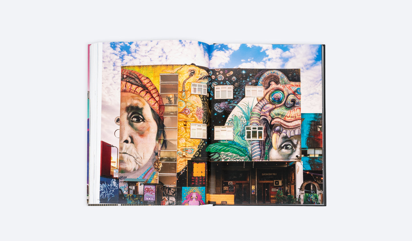Open photo art book spread with colorful city building murals and faces