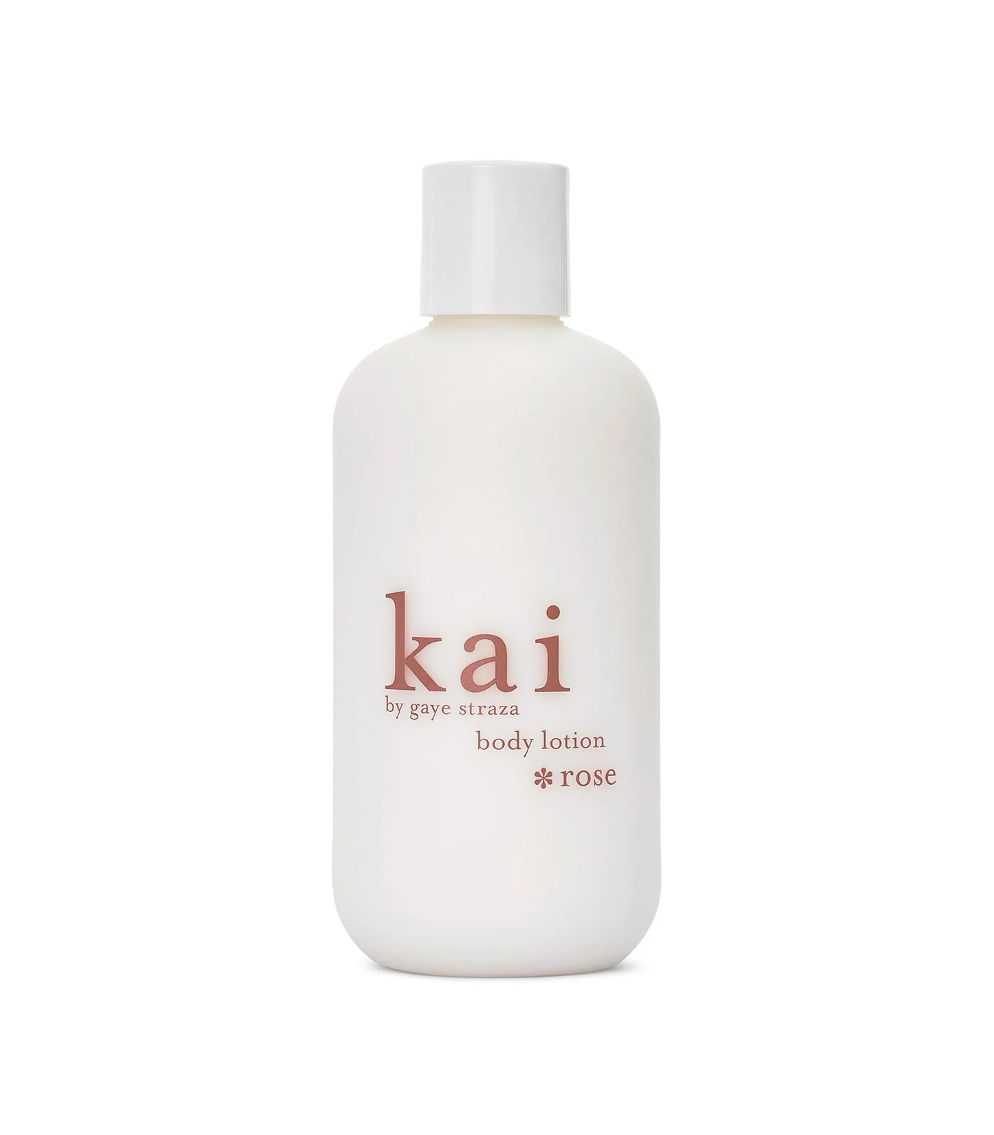 Kai rose body lotion bottle with white cap and labeled front