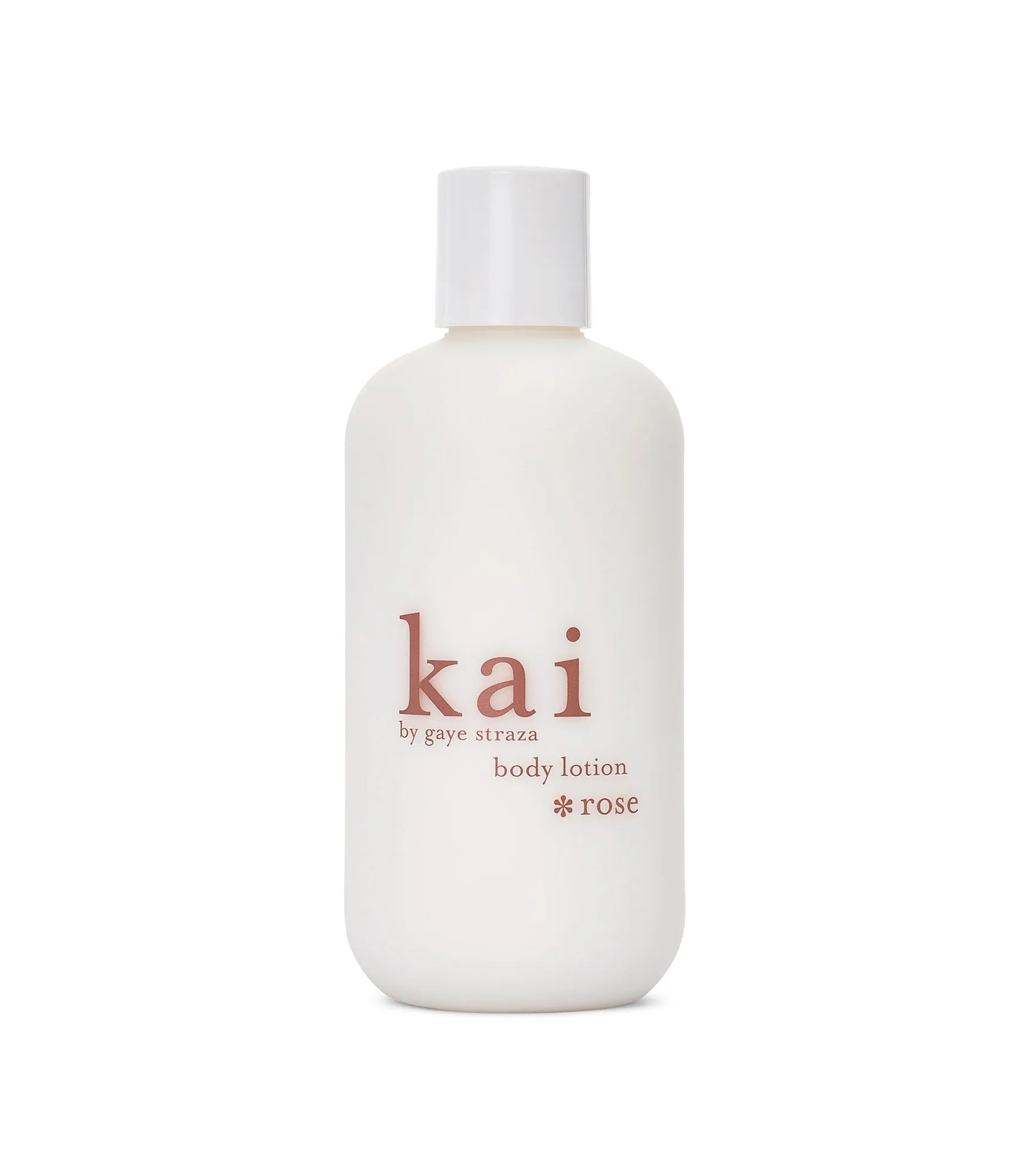 Kai rose body lotion bottle with white cap and labeled front