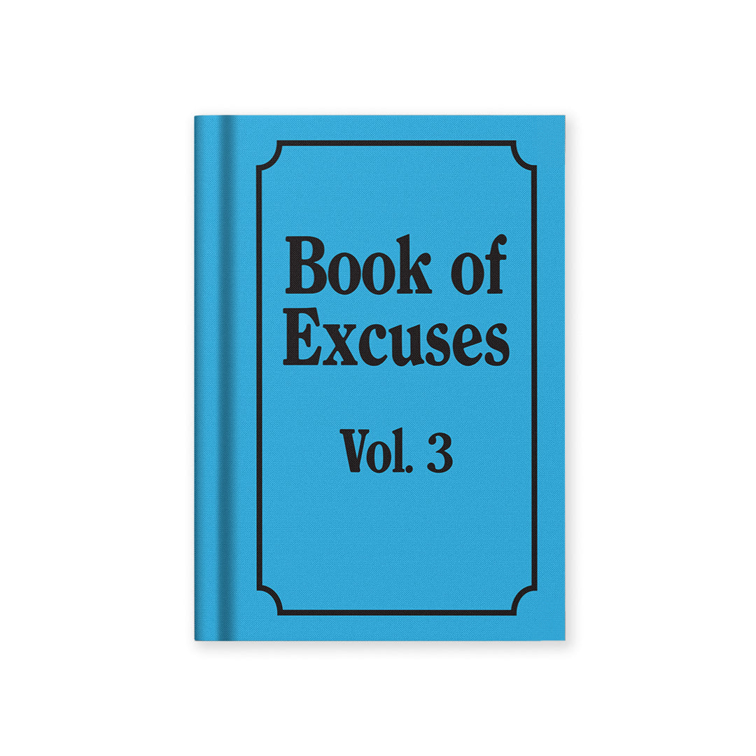 Hardback notebook, blue cover with Book of Excuses Vol. 3 title