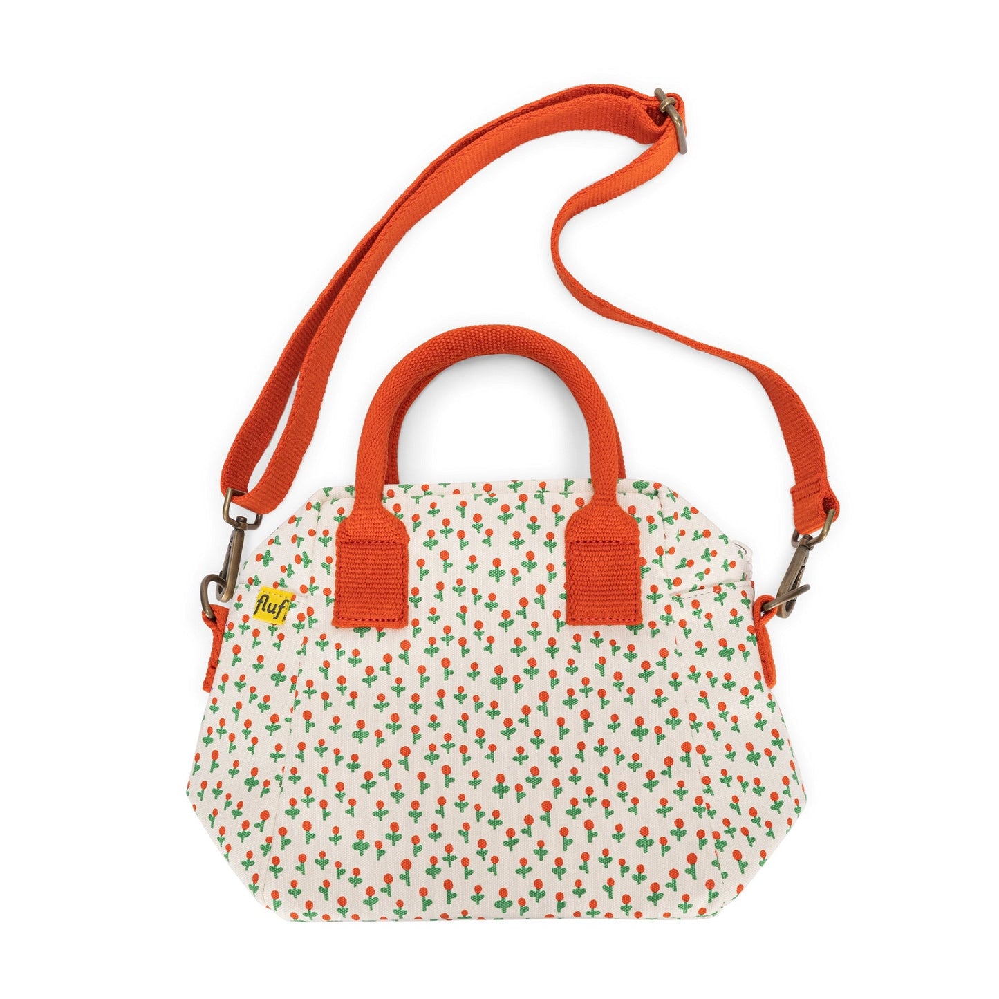 Lunch clutch bag, Tiny Roses print with orange handles and adjustable shoulder strap