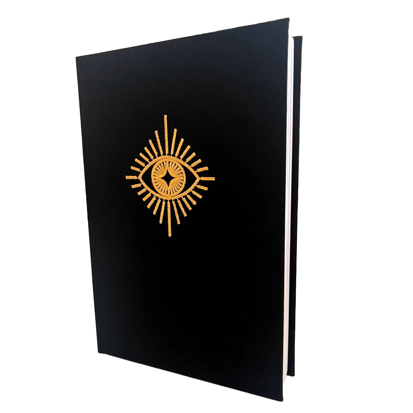 Embroidered evil eye journal with gold evil eye motif on black cover
