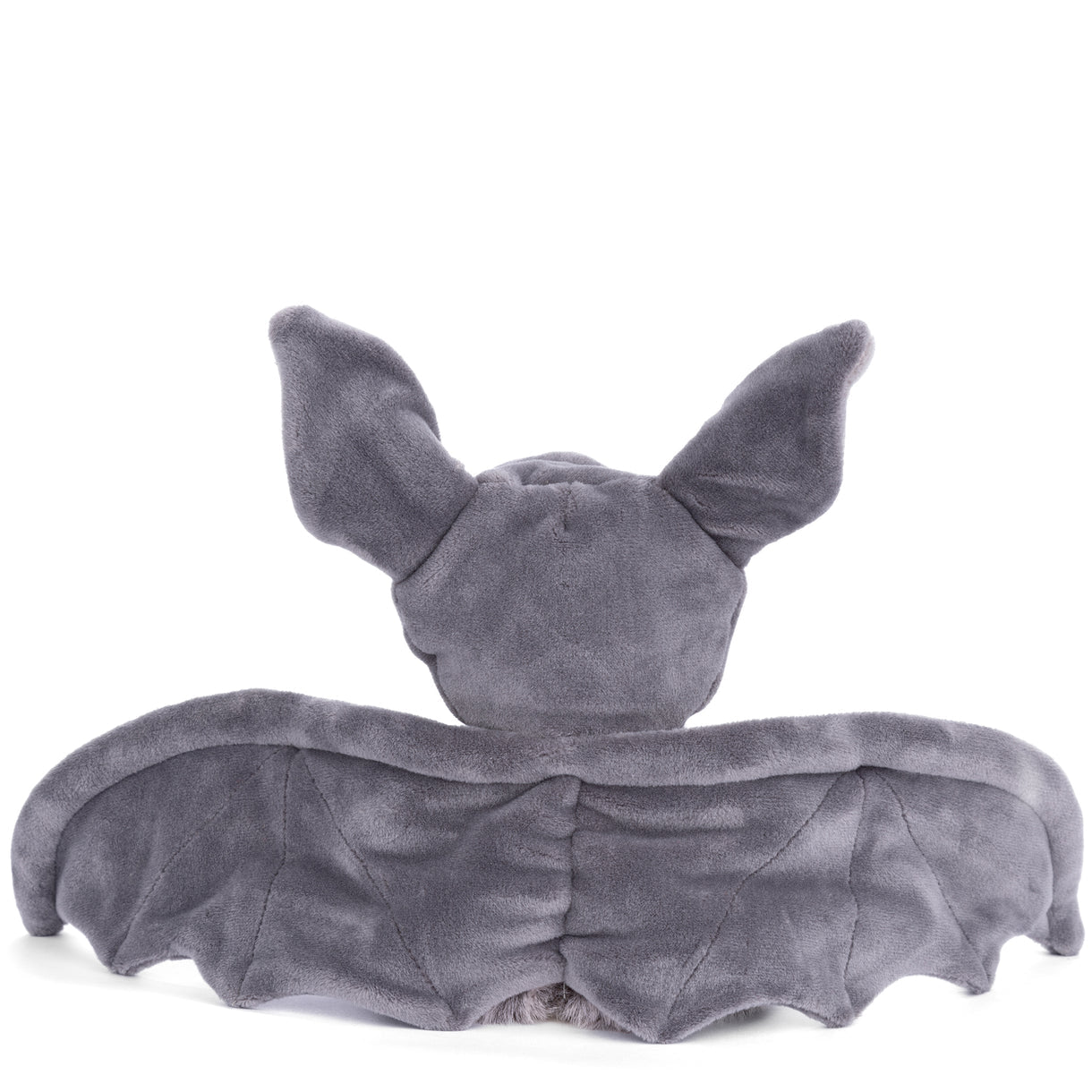 Gray plush bat stuffed toy lying down with long winged sides and hood