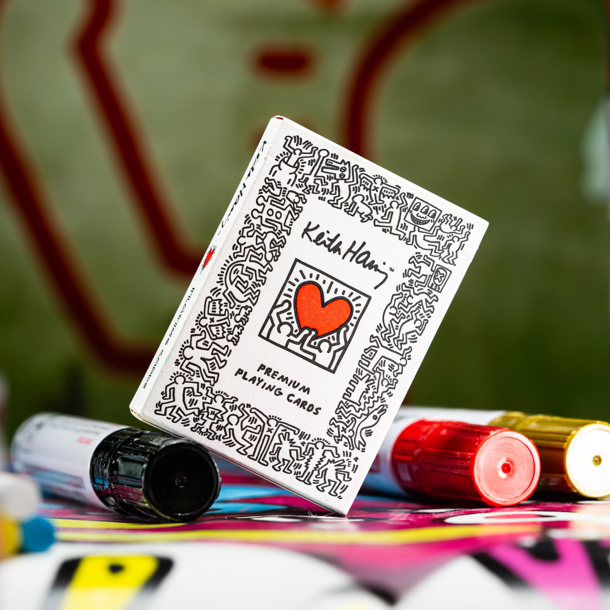 Keith Haring playing cards deck, card back with black maze pattern and heart illustration