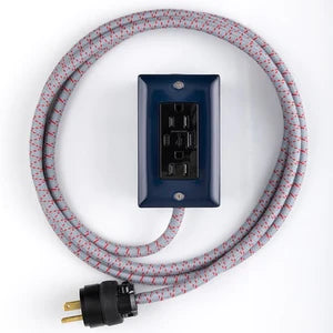 Exto USBC dual outlet cord with pink-blue braided cable and navy dual outlet plate