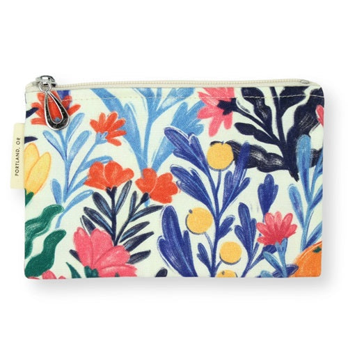 Cotton coin purse with multicolor floral print, zip closure and metal key ring.