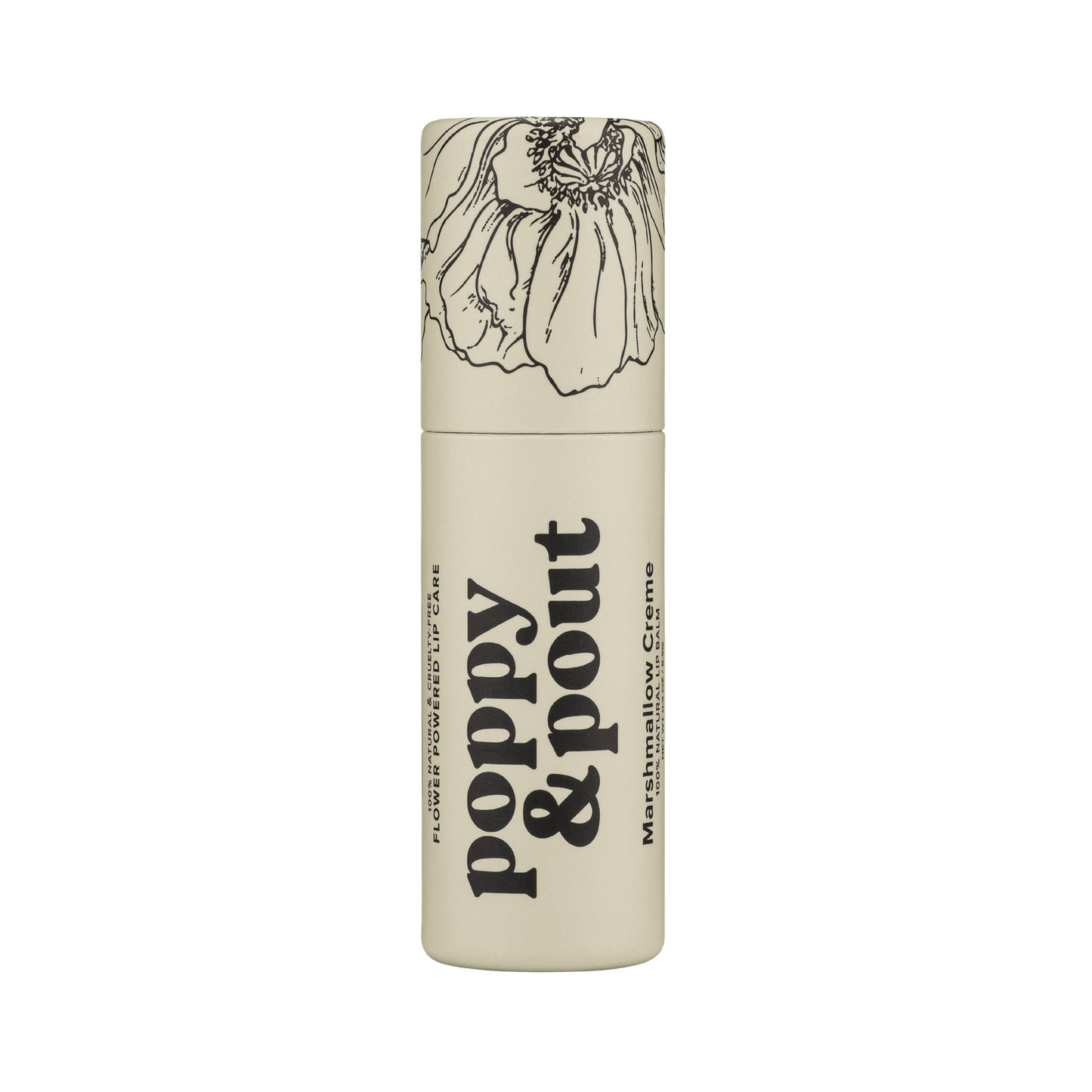 Beige lip balm tube with black flower graphic and bold label