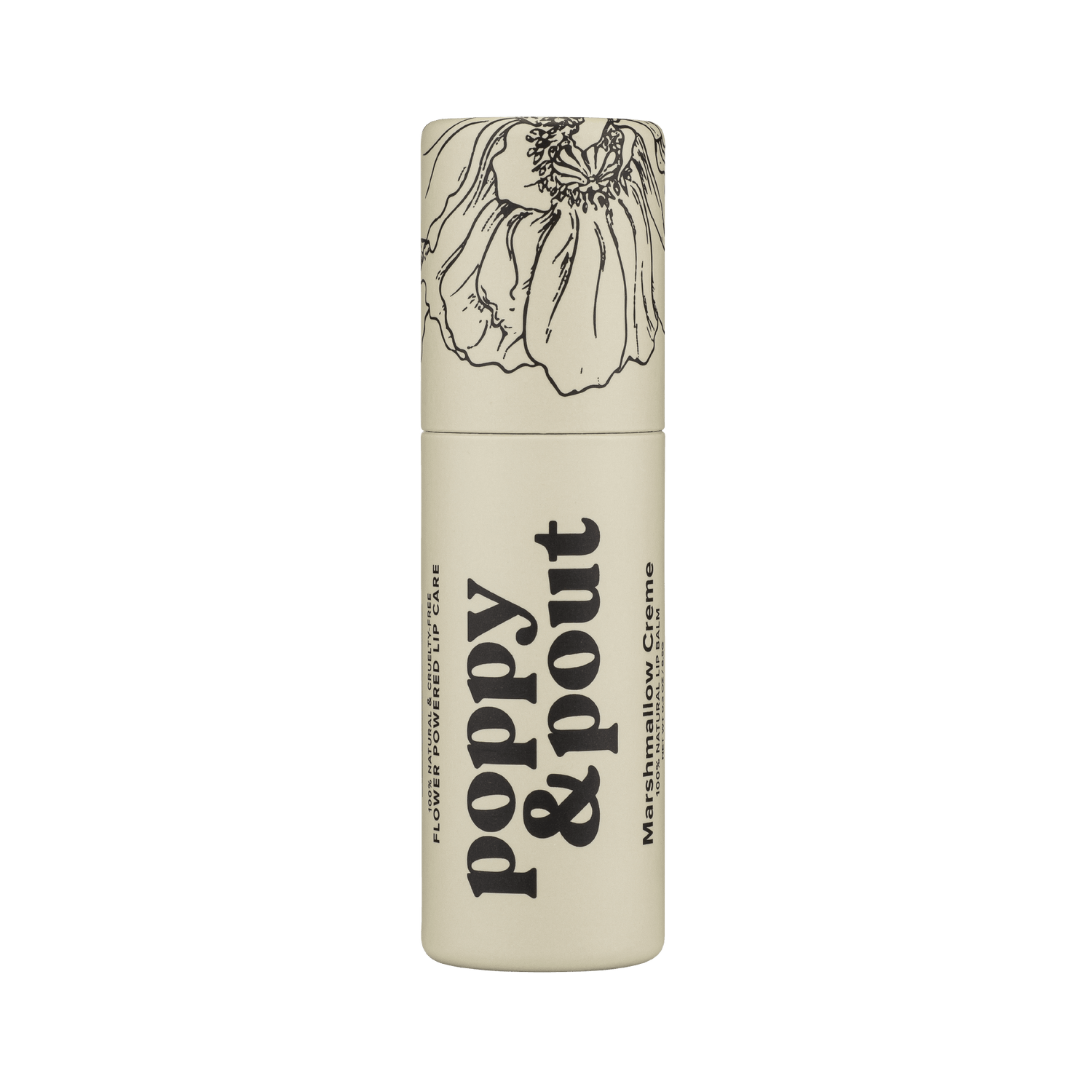 Beige lip balm tube with black flower graphic and bold label