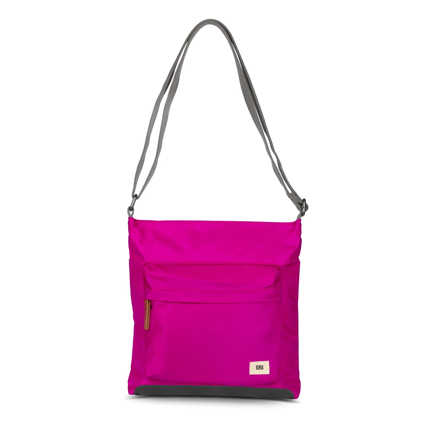 Sustainable nylon crossbody bag in bright magenta with zip front pocket