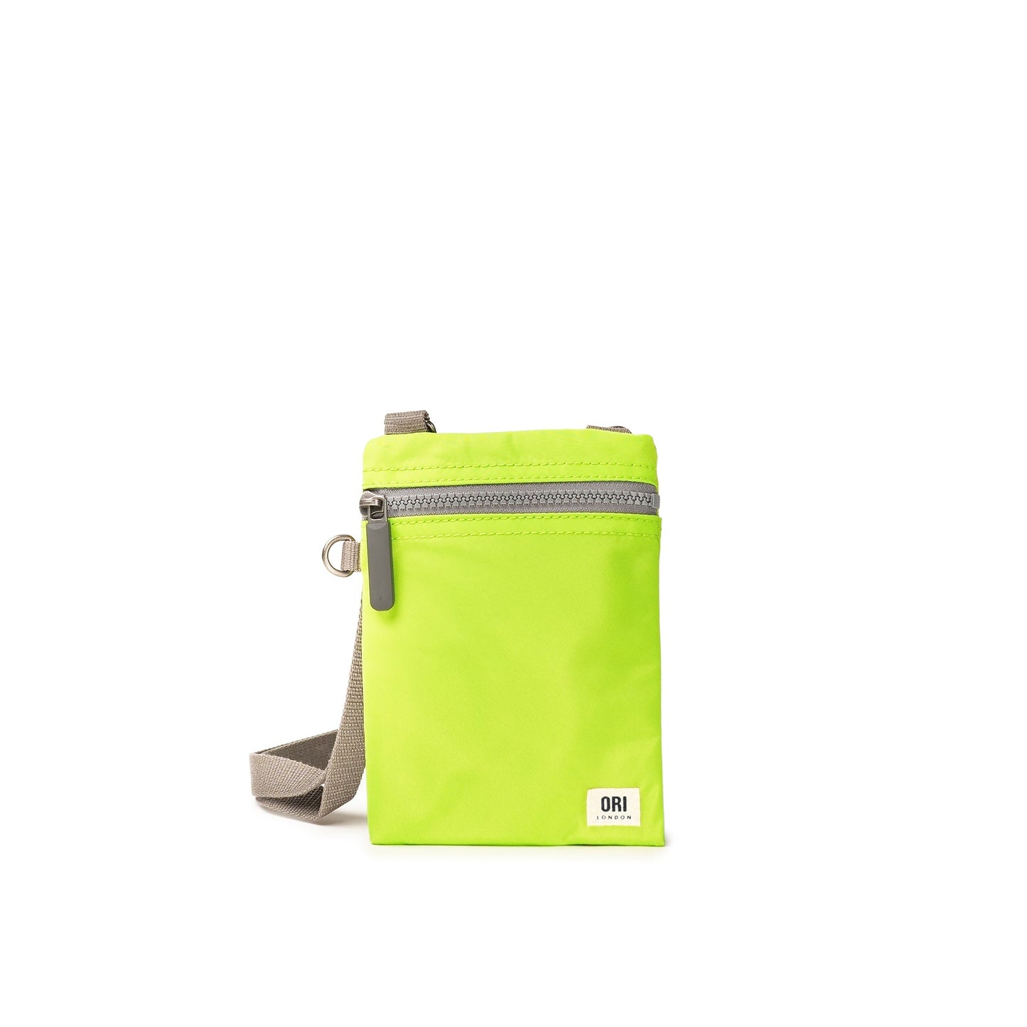 Lime green recycled nylon pocket crossbody bag with top zipper and gray adjustable strap