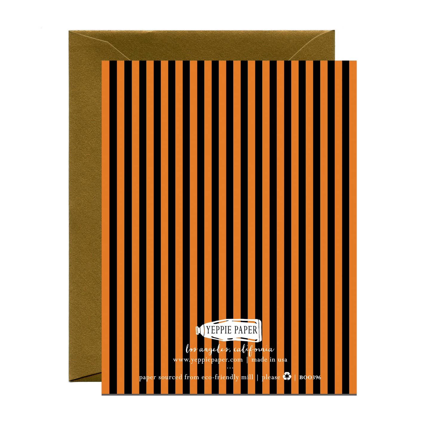Halloween greeting card back with vertical black and orange stripes and centered seal