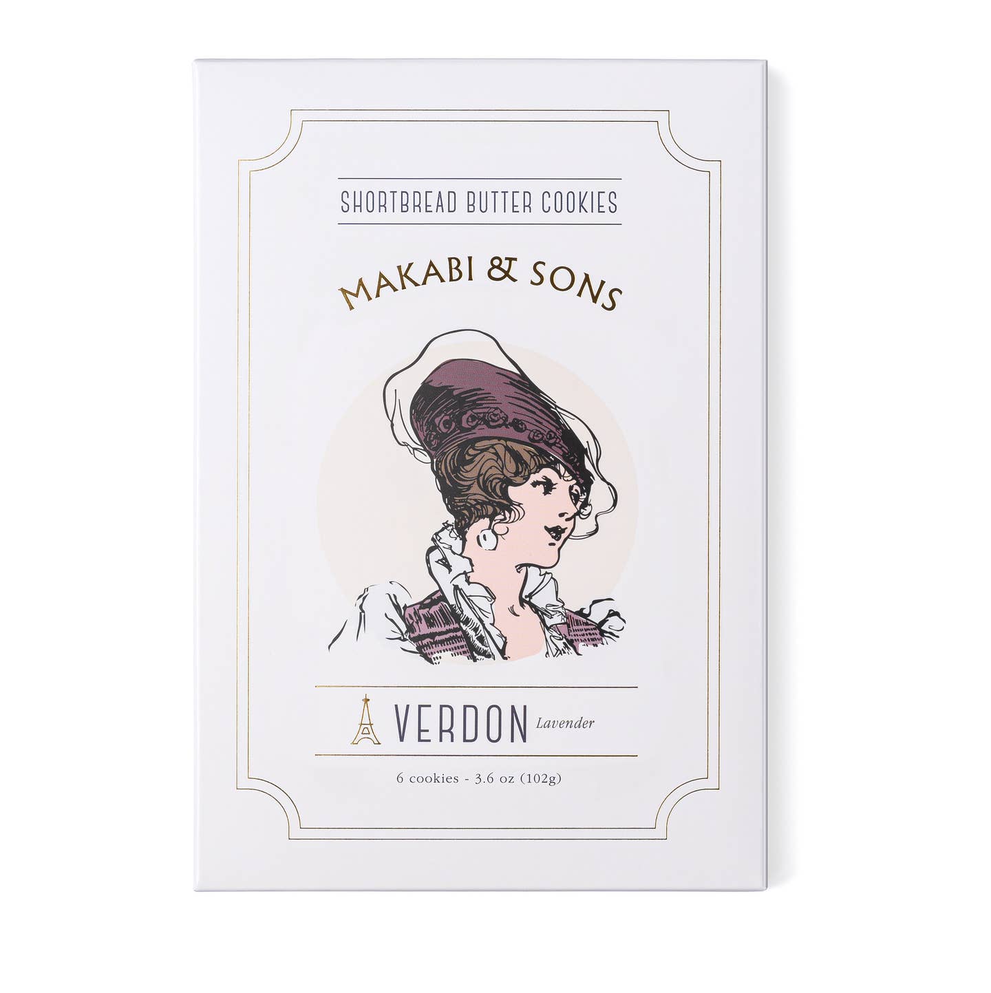 Shortbread butter cookies box with illustrated girl and Makabi & Sons branding