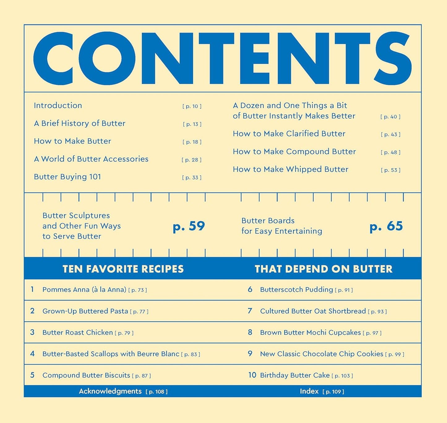 Cookbook contents page with blue header and section list on a yellow background.