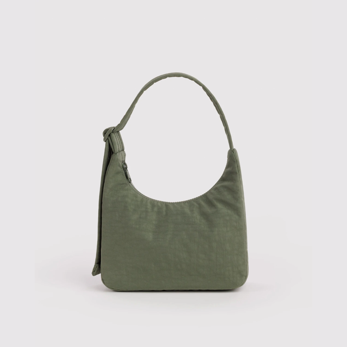 Sage green mini nylon shoulder bag with short handle and side tassel