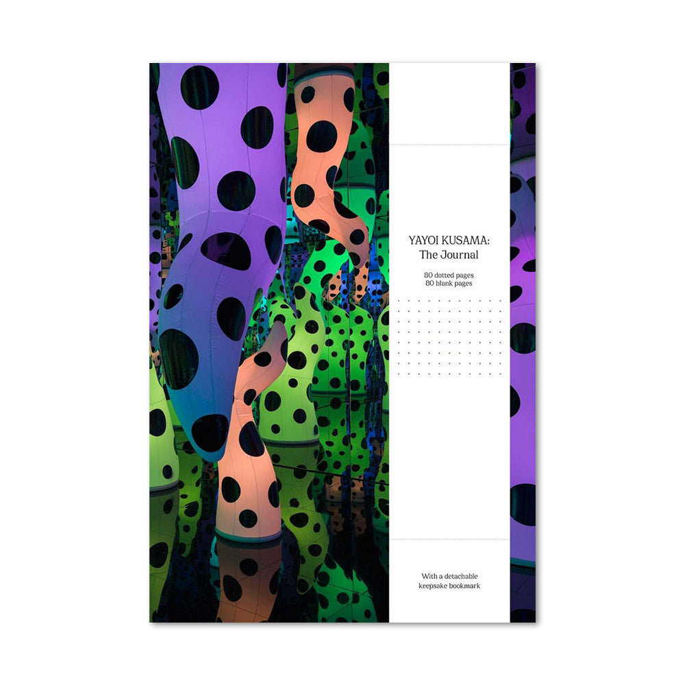 Yayoi Kusama art journal, purple-green polka-dot cover with white title