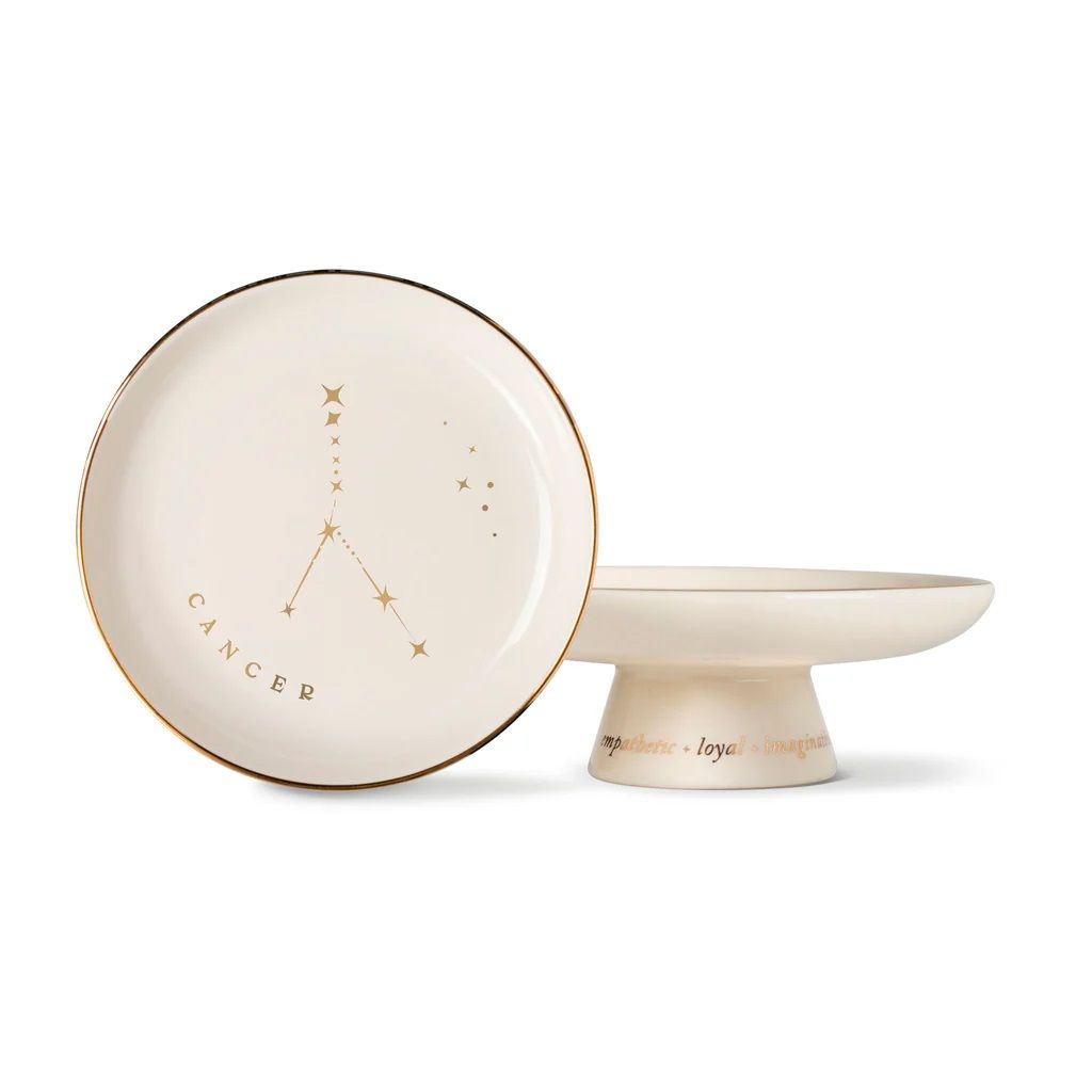 Cancer star constellation round pedestal tray set: shallow bowl on short stand, gold edge