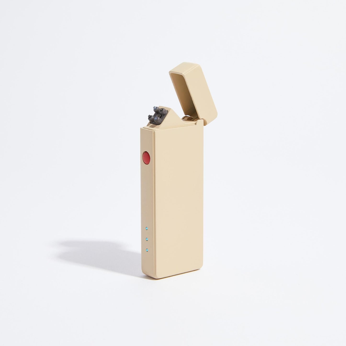 Slim USB lighter in beige with flip-top open; red indicator light visible on front.