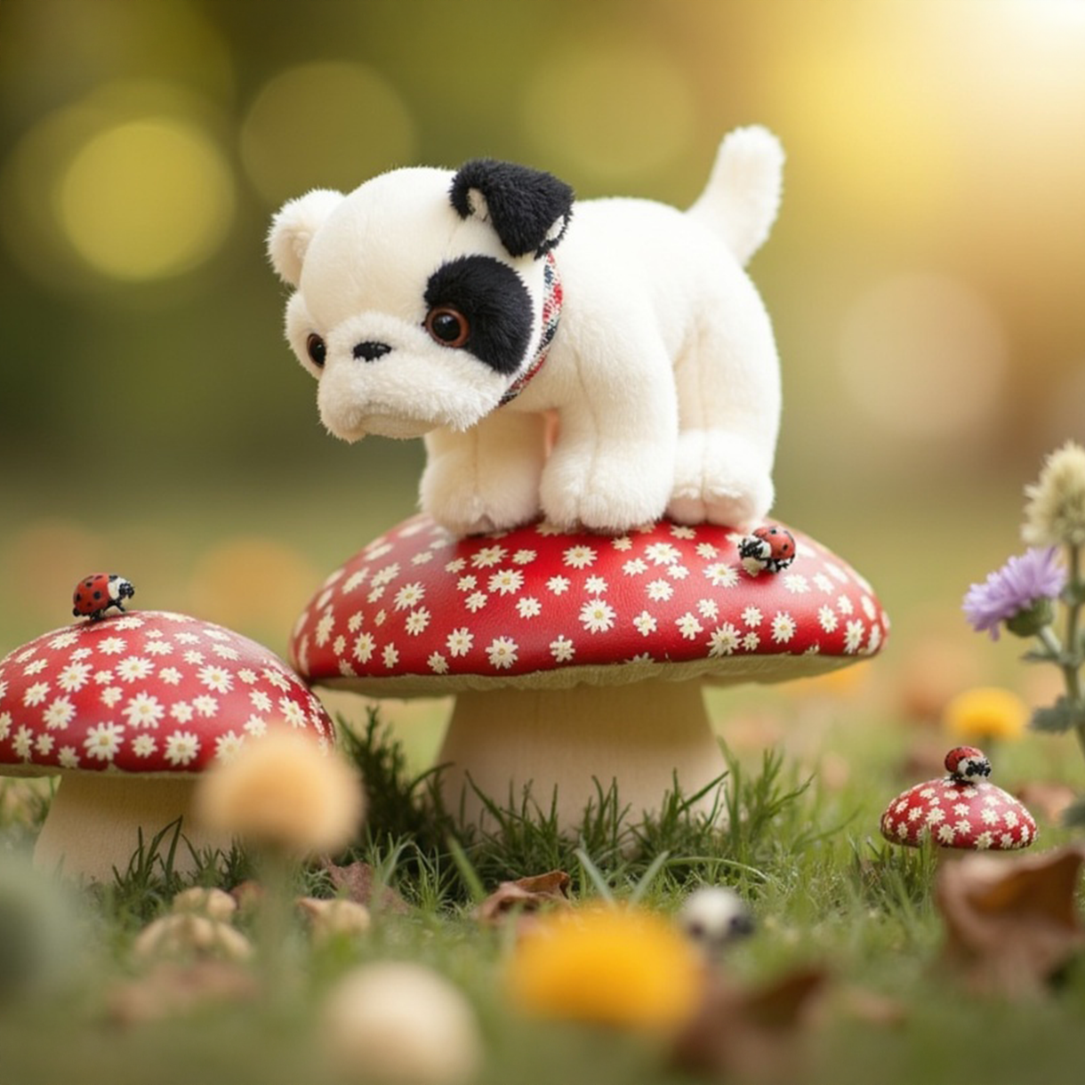 Plush pug toy perched on red mushroom pad with flower print and ladybug accents
