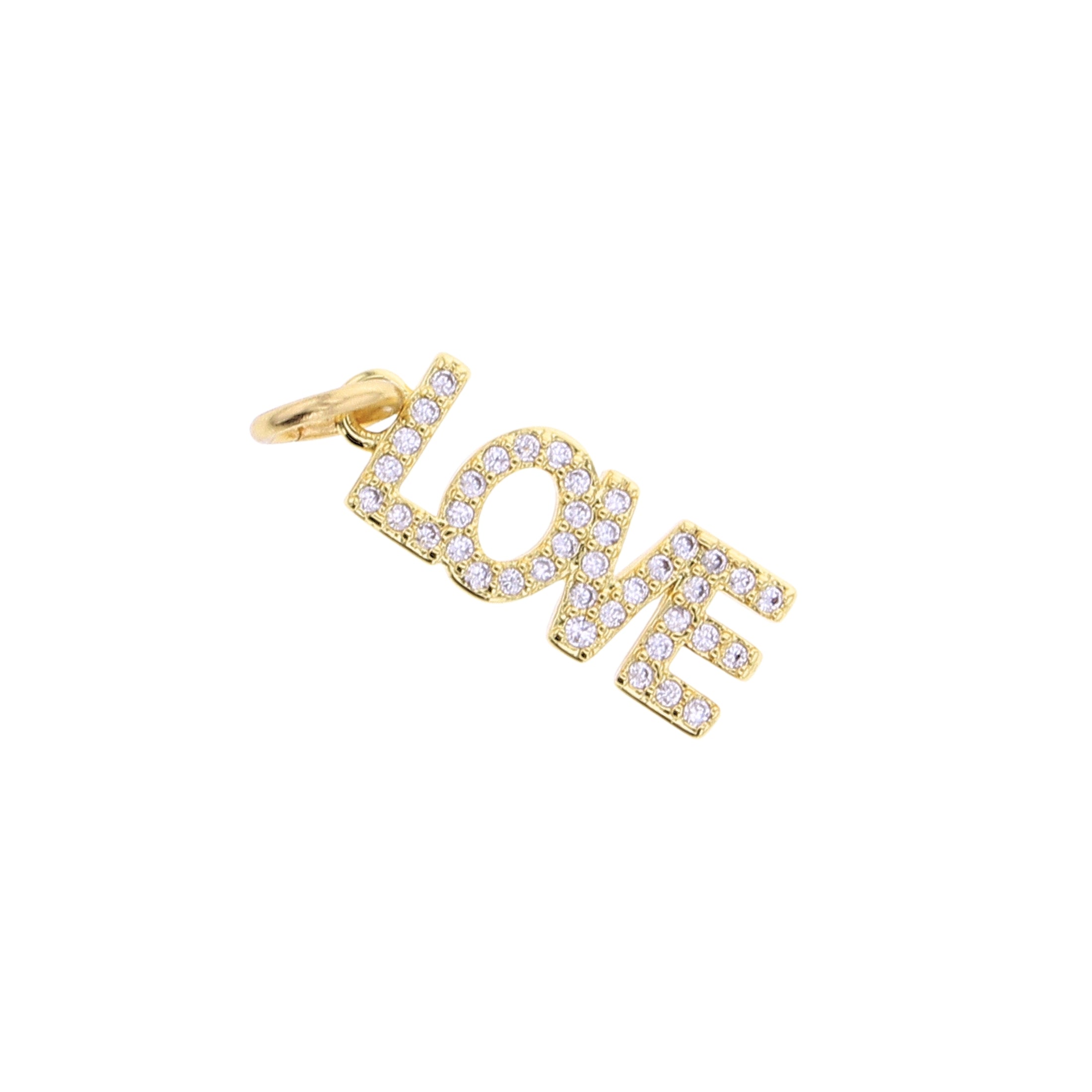 Gold-tone LOVE charm with clear CZ stones and ring bail