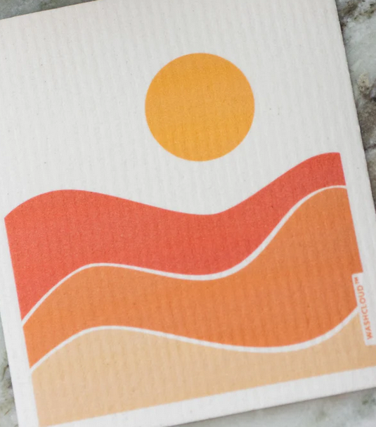 Washcloud® nordic dish sponge cloth, white with orange wave pattern and sun circle