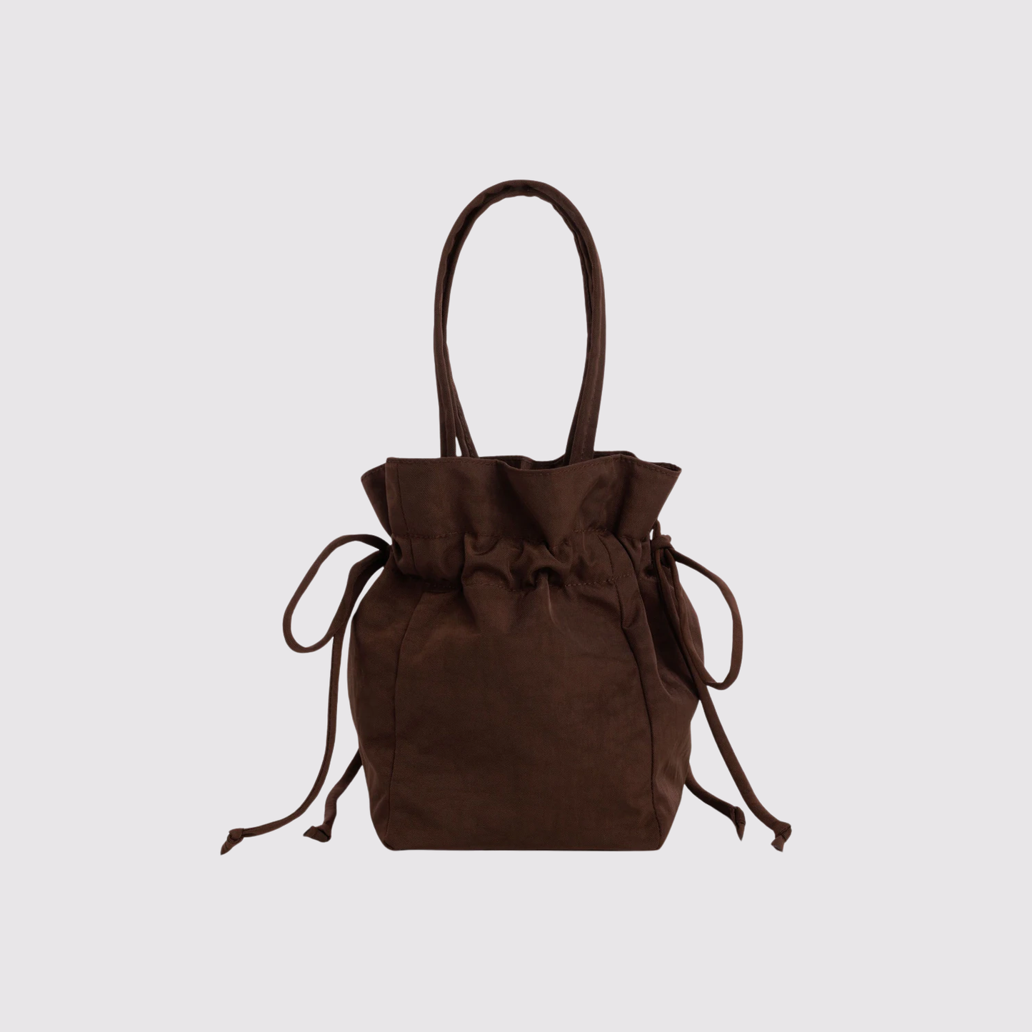 Coffee-brown nylon drawstring bag with ruched top and adjustable cord ties
