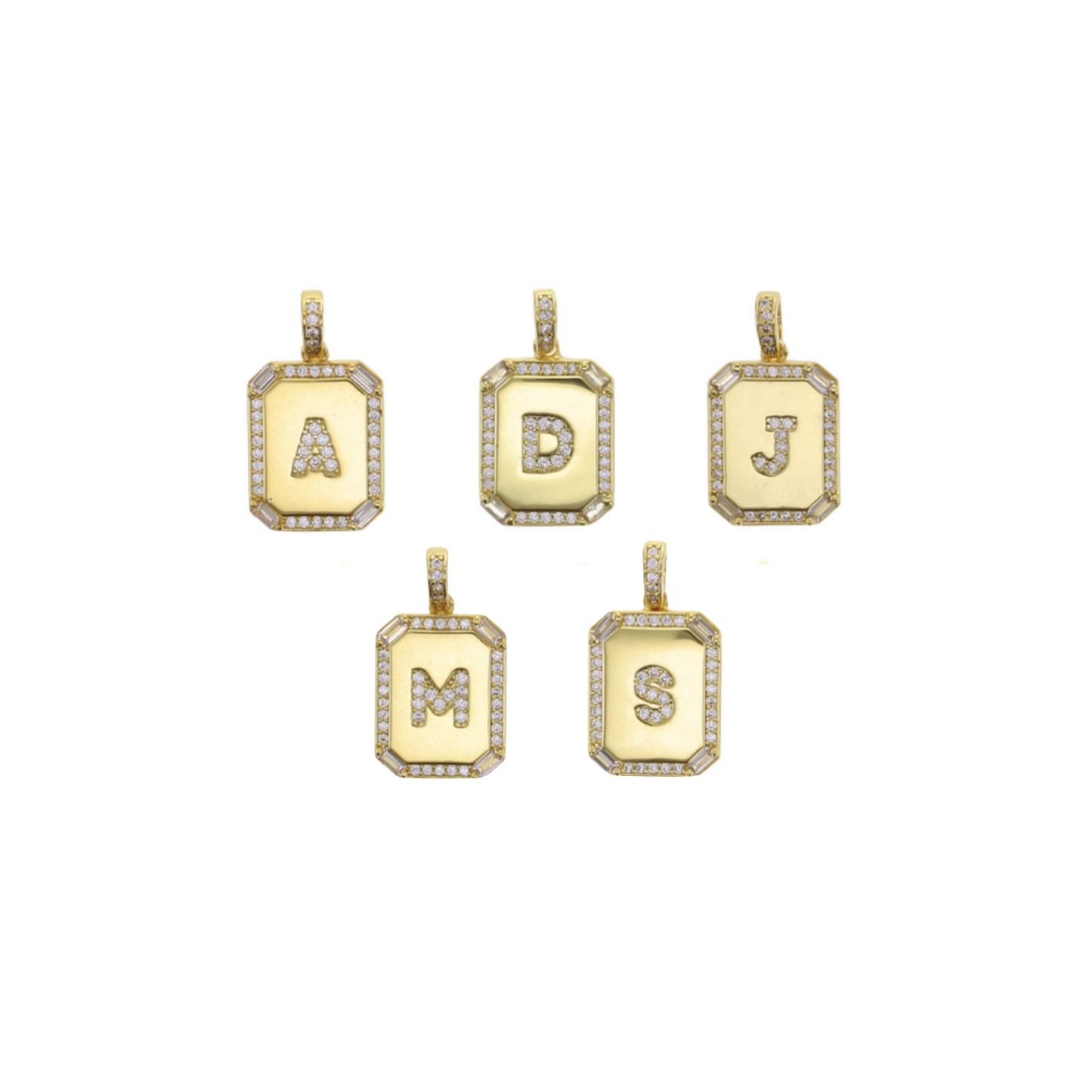 Gold-tone octagonal CZ initial letter charm, letters A, B, J, M, and S shown
