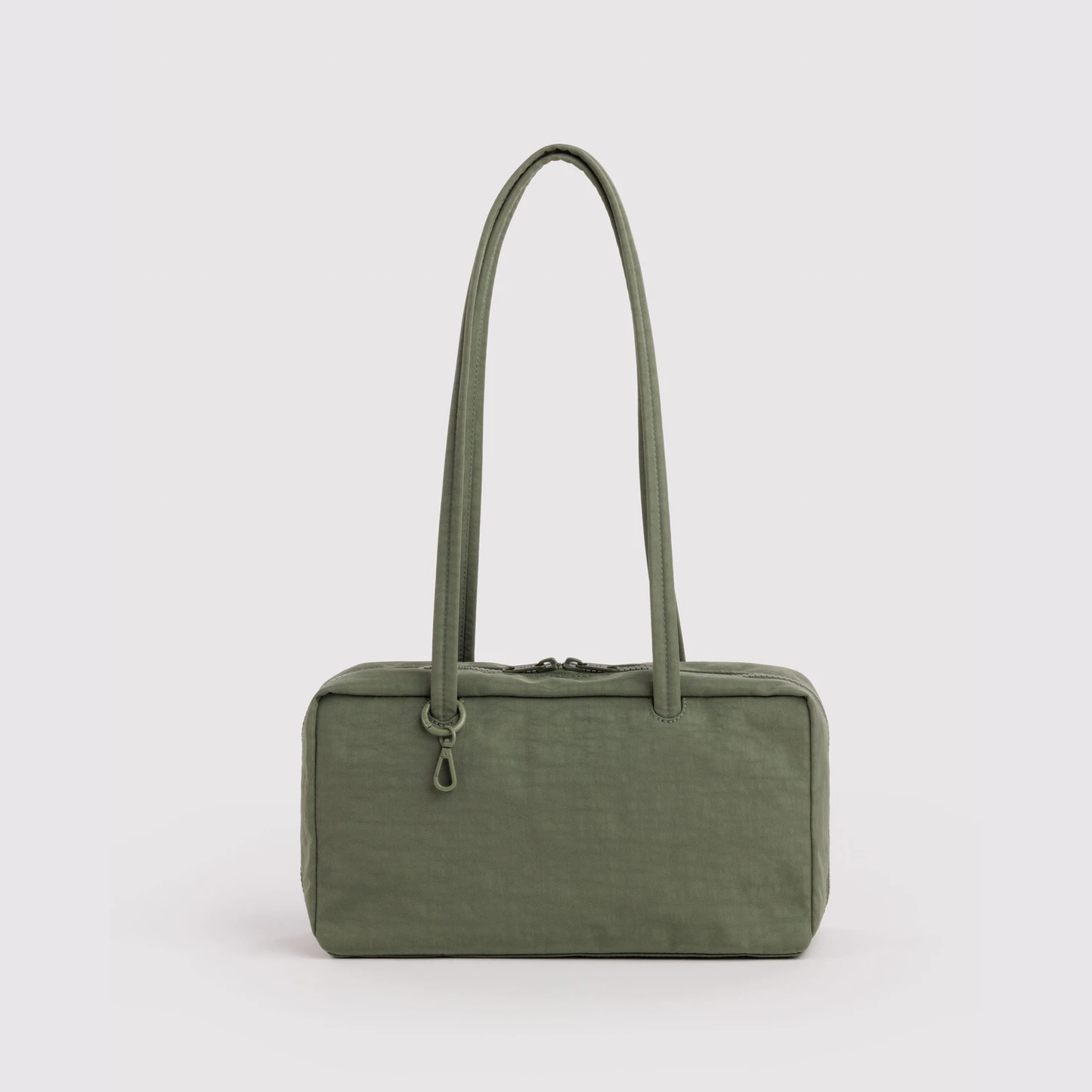 Olive green nylon bowler bag with top handles and zippered front pocket