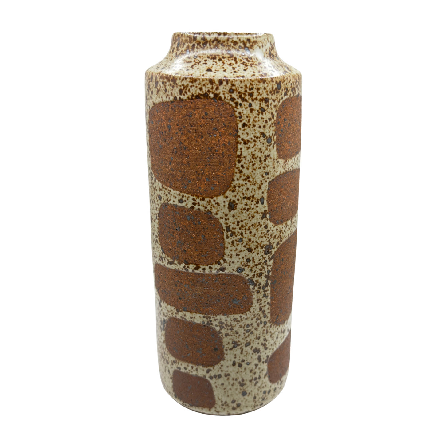 Tall ceramic vase with speckled beige glaze and large brown rounded blocks, tapered body