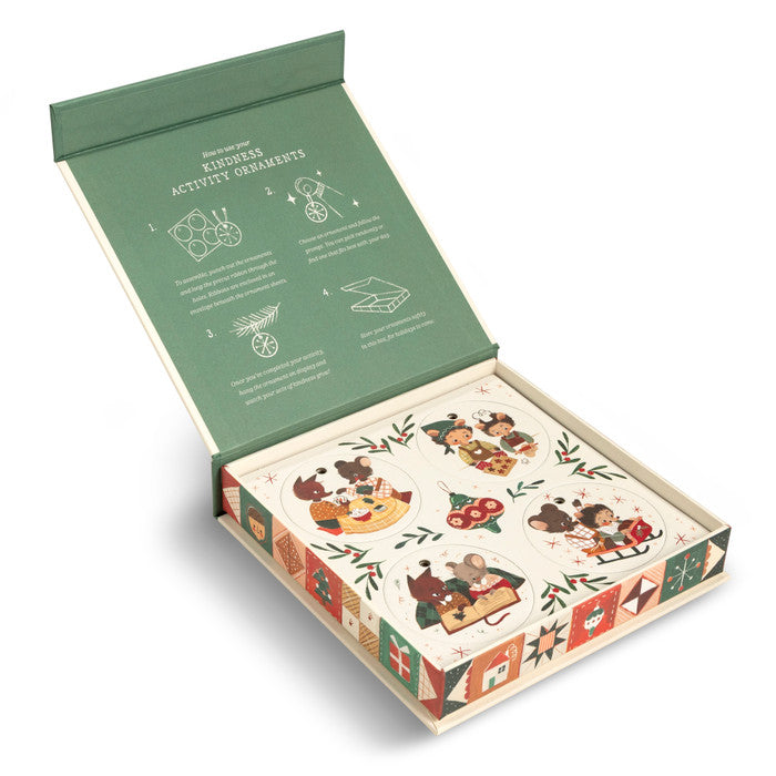 Kindness Activity Ornaments storage box opened to instruction panel and patterned lid.