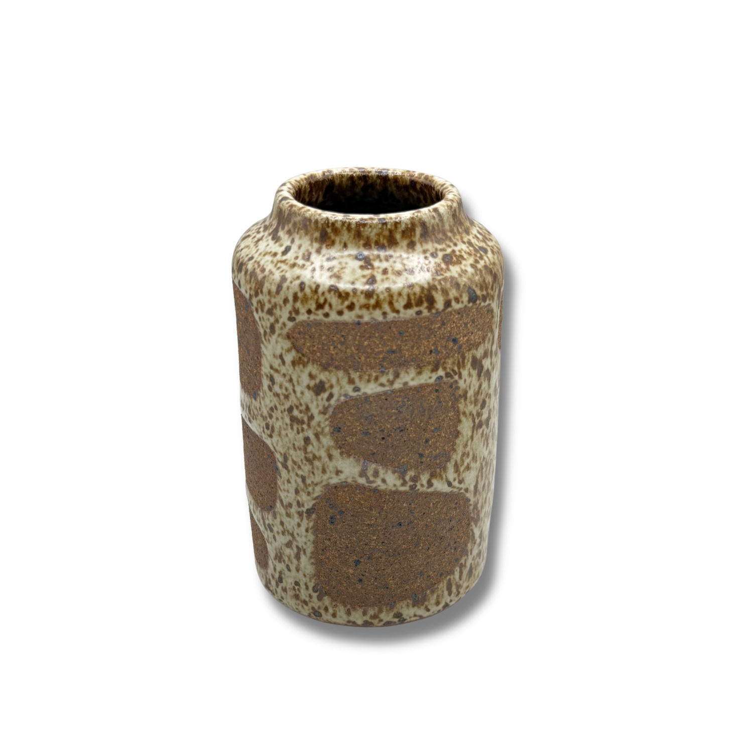 Speckled ceramic mini vase with short neck, mottled brown-and-cream finish.