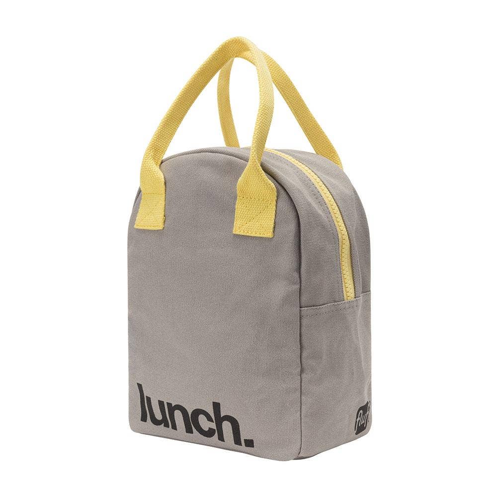 Zipper lunch bag in gray with yellow handles and front “lunch.” print