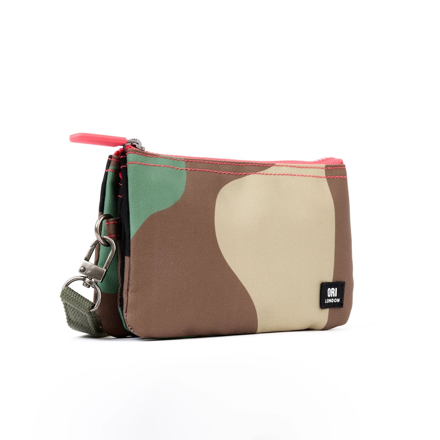 Medium recycled canvas zipper pouch with abstract color-block print and side key ring.