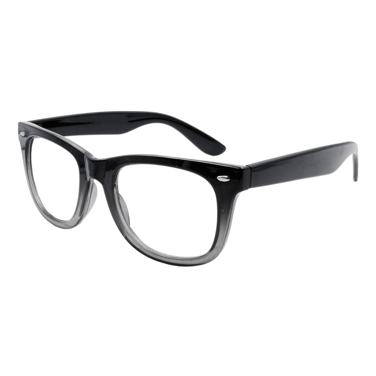 Black plastic eyeglasses with thick rounded rectangle frames and dark temple arms