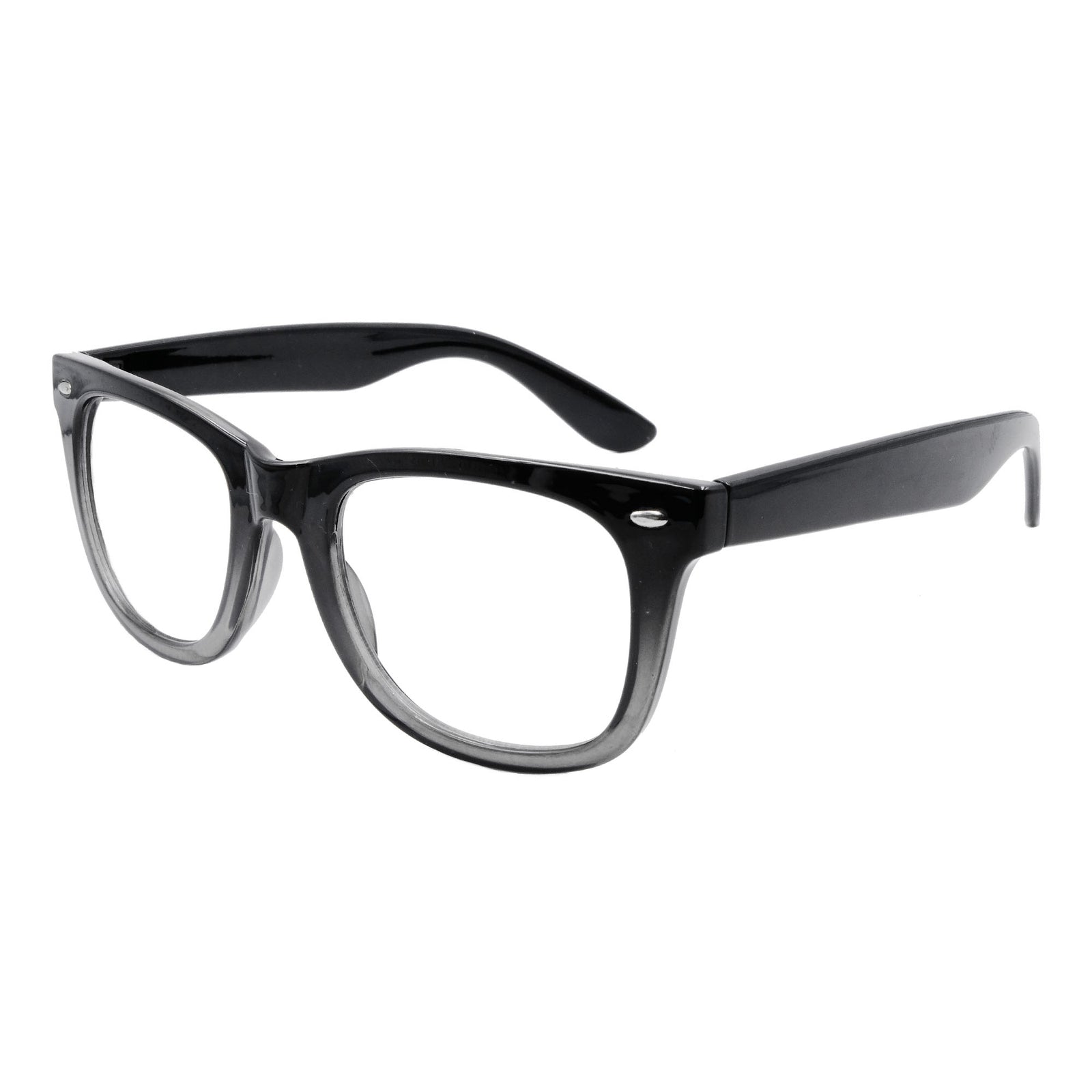 Black plastic eyeglasses with thick rounded rectangle frames and dark temple arms
