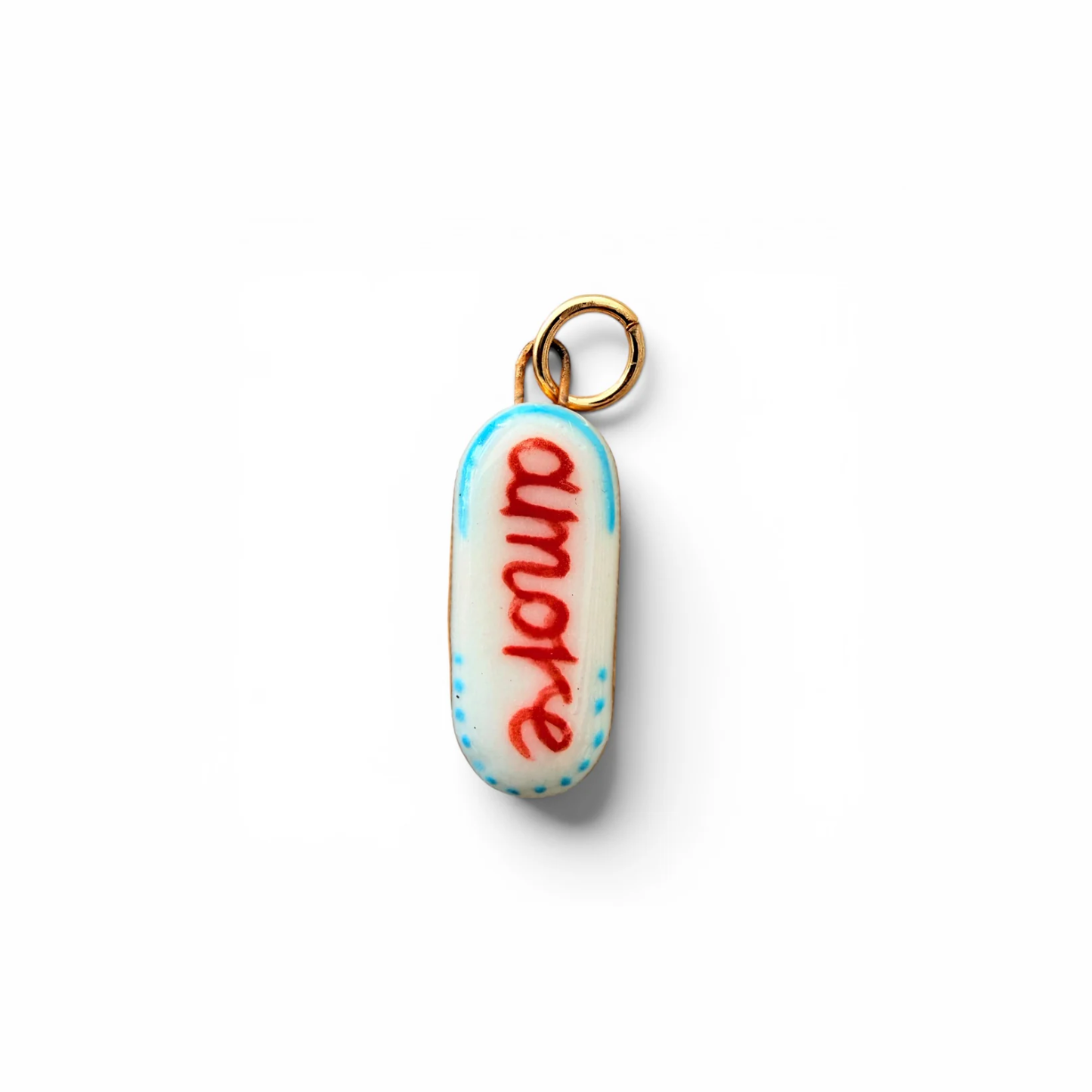 Porcelain charm pendant with oval bar, red “amore” script and light blue edge detail