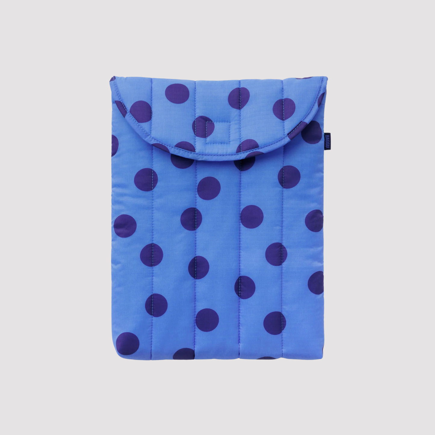 Blue puffy 13"/14" laptop sleeve with purple polka dots and top flap.