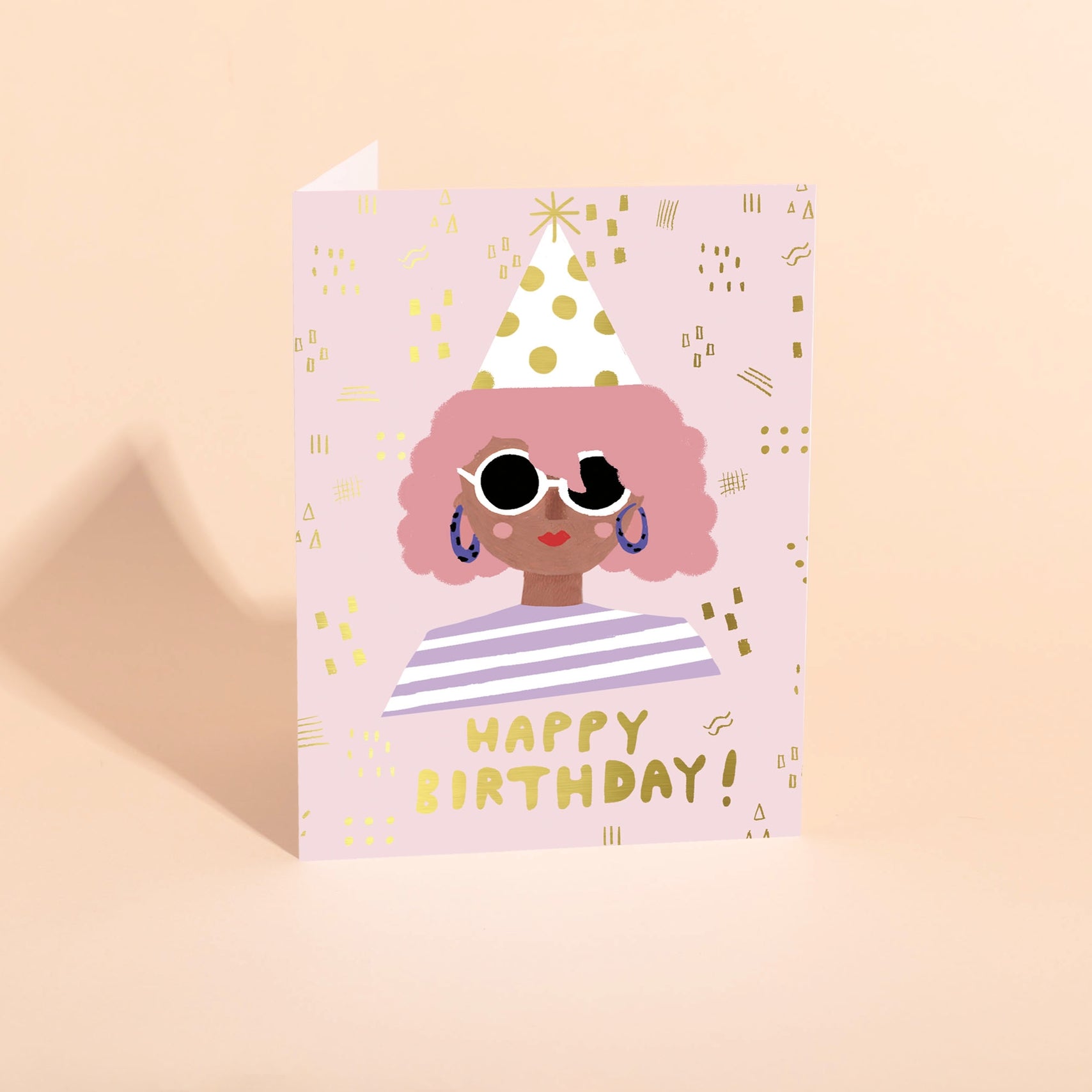Birthday card with smiling girl in sunglasses, pink curly hair, and “Happy Birthday!” text
