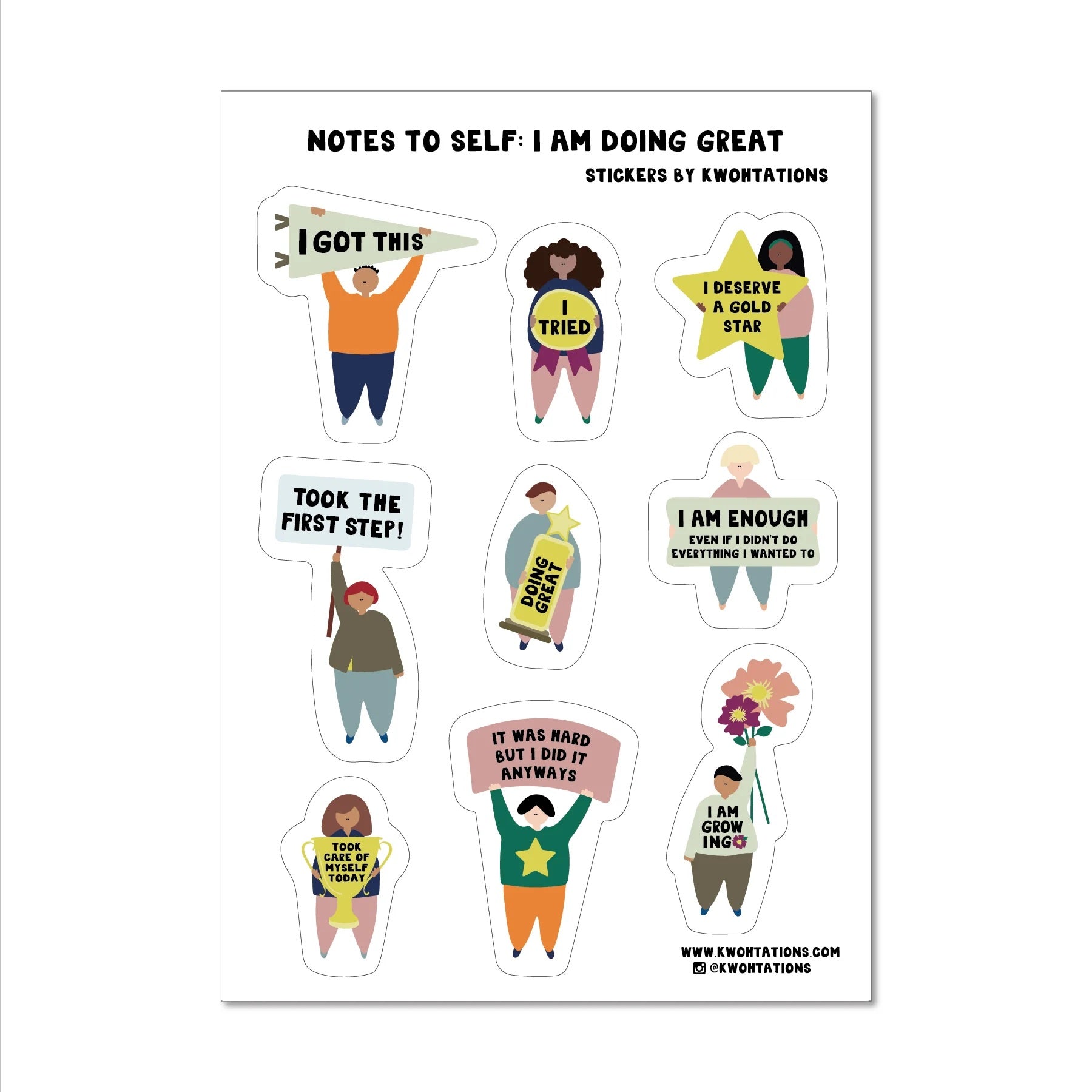 Self-affirmation sticker sheet with nine die-cut figures, speech bubbles, and motivational text