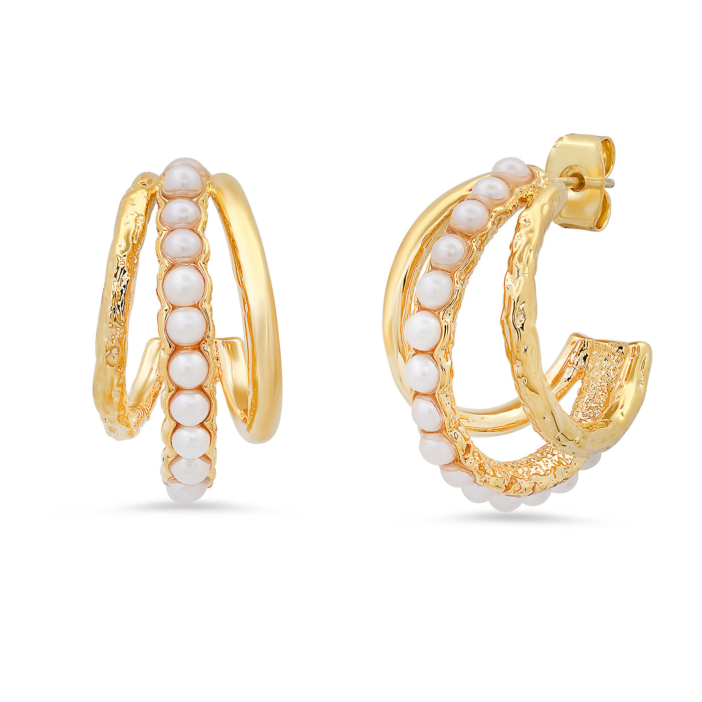 Gold triple hoop earrings with white pearls