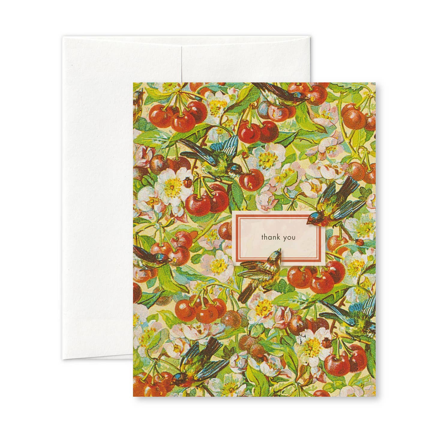 Cherry print thank-you greeting card with bird and floral artwork