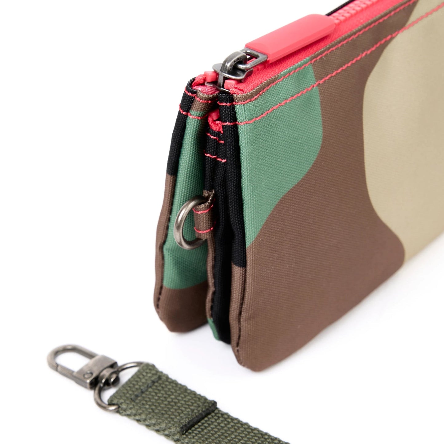 Medium recycled canvas zipper pouch side view with key ring strap and contrast stitching.