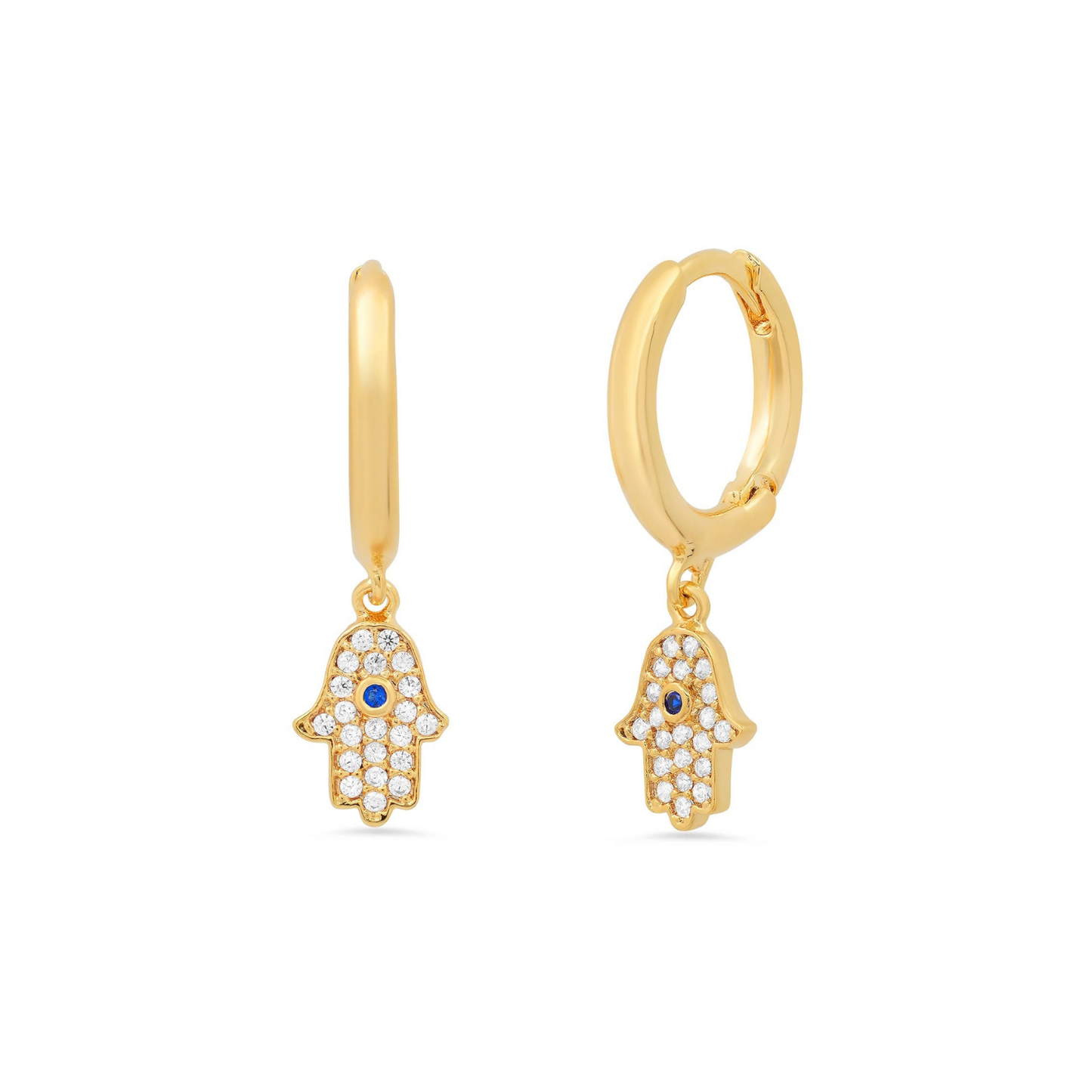 Gold huggie hoop earrings with pave CZ Hamsa charms, white stones and blue accents